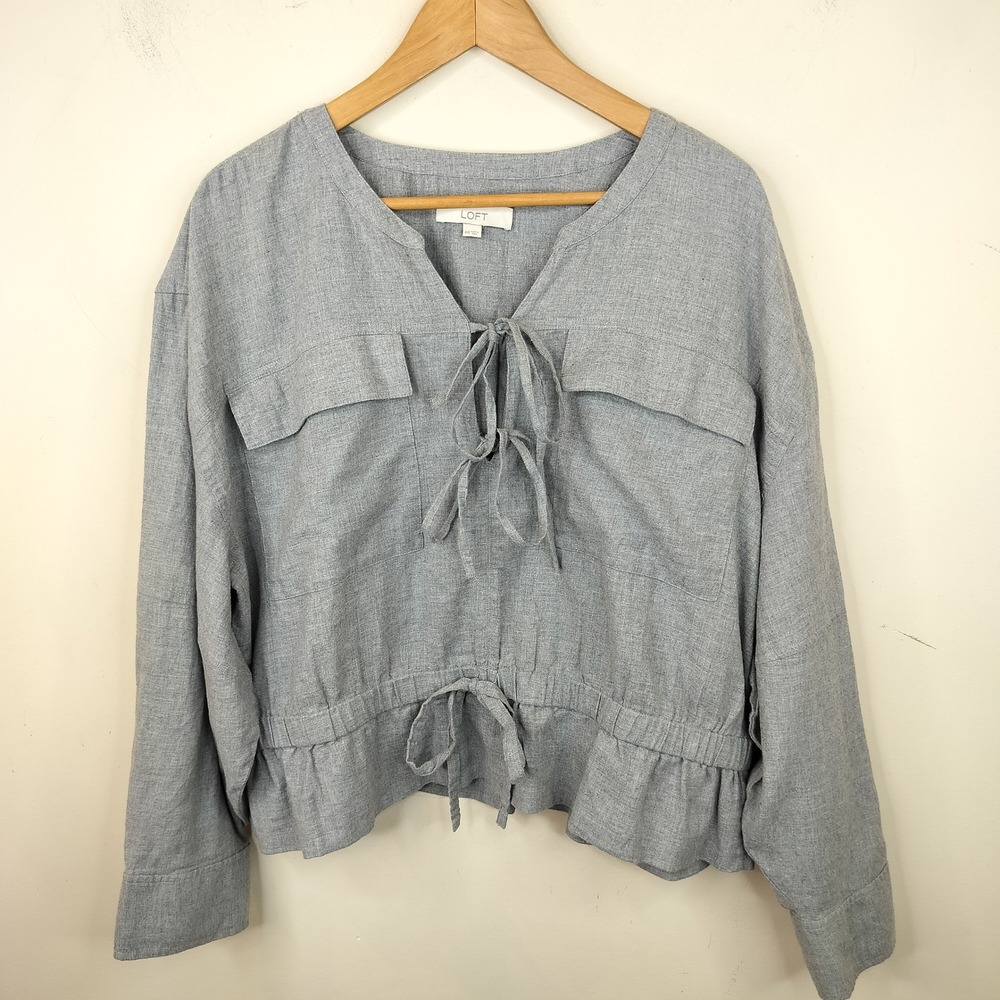 LOFT Blouse XXL Tie Front Balloon Sleeve Utility Casual Gray Cotton